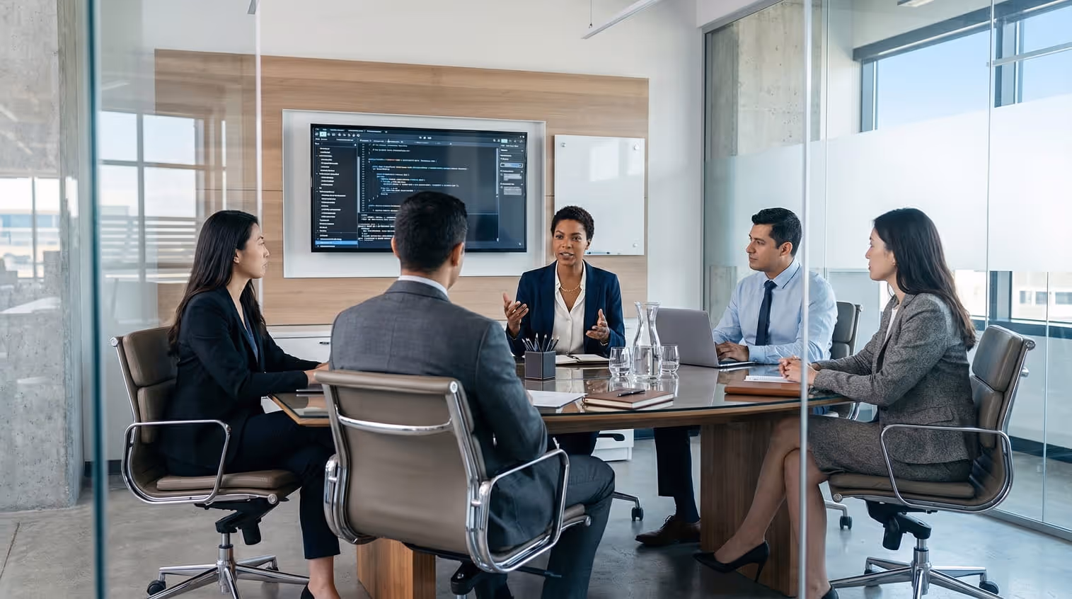 Five professionals having a meeting in a glass conference room with a screen showing code in the background.