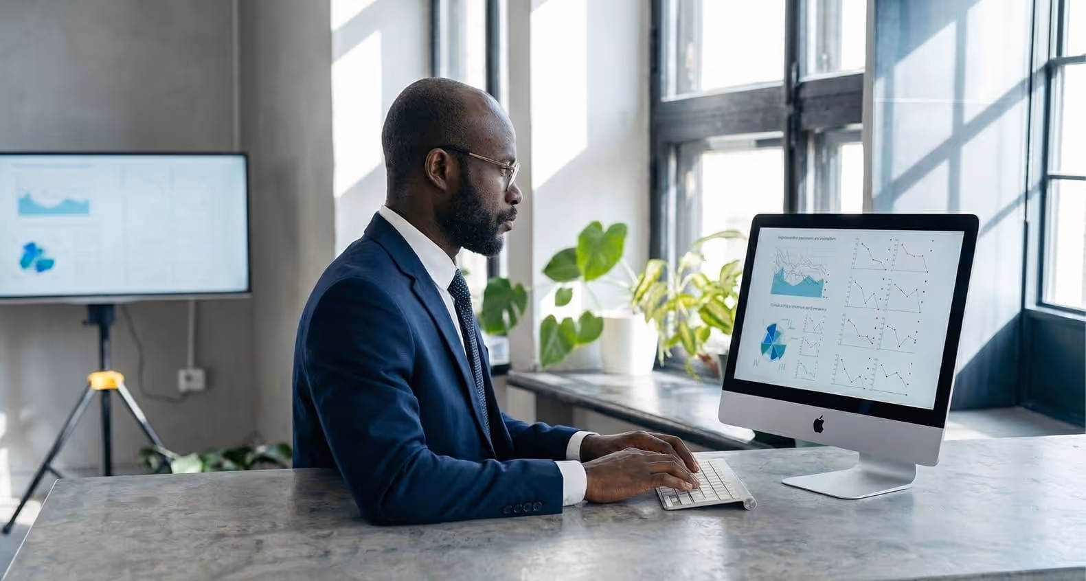Man in suit analyzing data charts on a desktop computer in a bright office with large windows and plants.