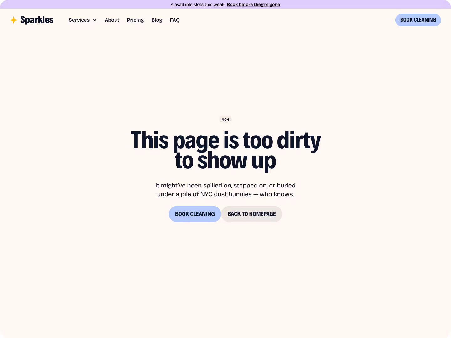 404 error page with message 'This page is too dirty to show up' and two buttons: Book Cleaning and Back to Homepage.