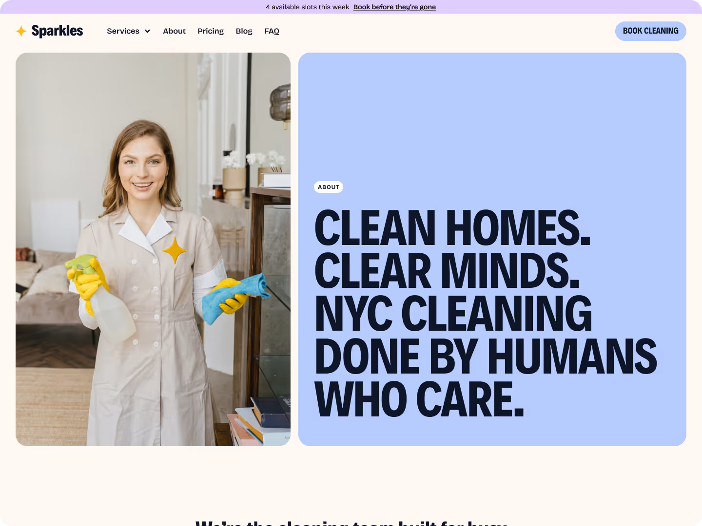 Smiling woman in beige cleaning uniform holding spray bottle and cloth, next to text reading Clean homes. Clear minds. NYC cleaning done by humans who care.