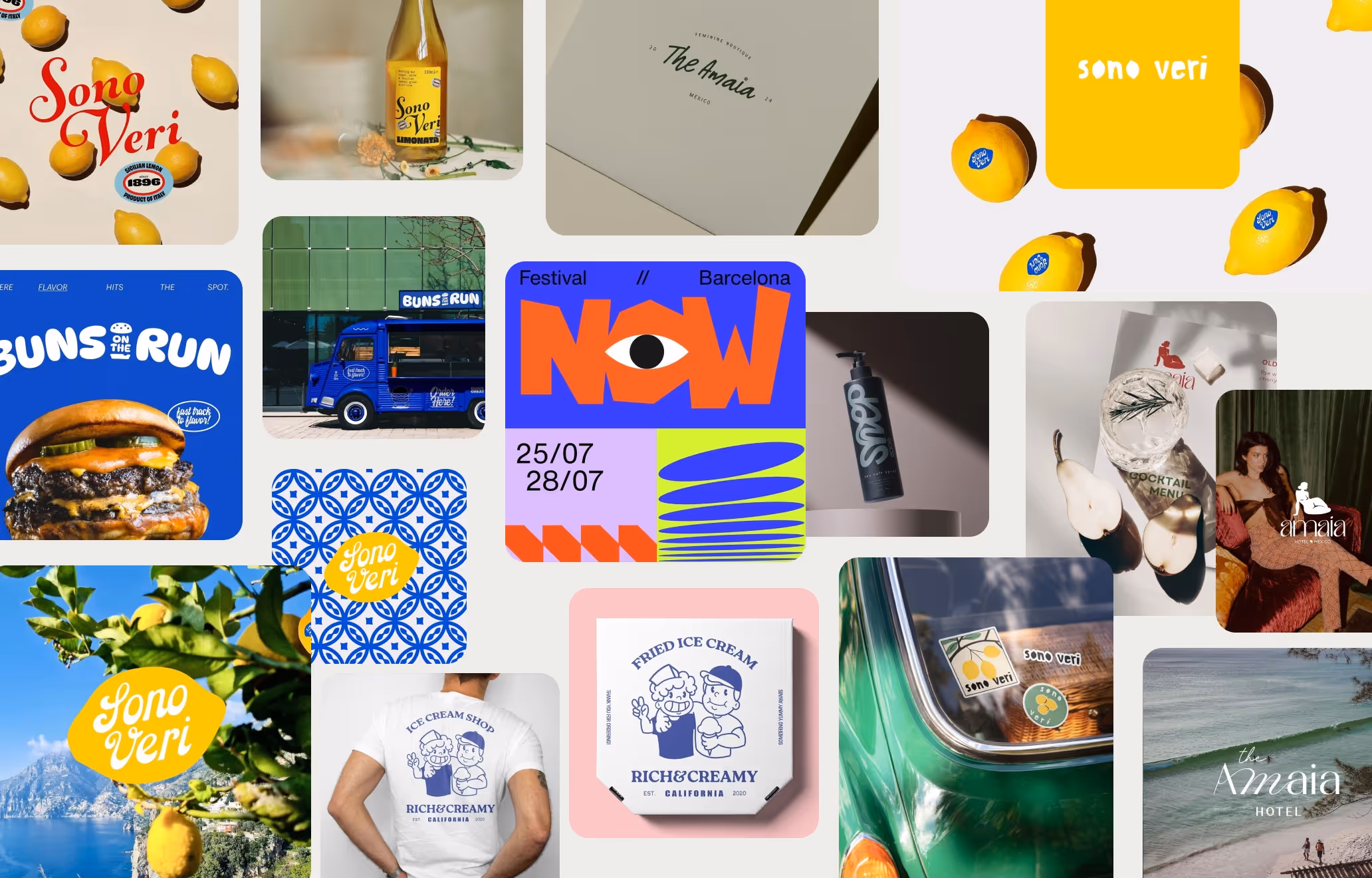 Collage of brand images including lemons with Sono Veri logo, a bottle of Sono Veri limonata, Buns on the Run food truck and burger, NOW festival poster, skincare bottle, fried ice cream packaging, a person wearing an ice cream shop t-shirt, cocktail setup, woman on sofa with Amaia logo, and coastal hotel view.