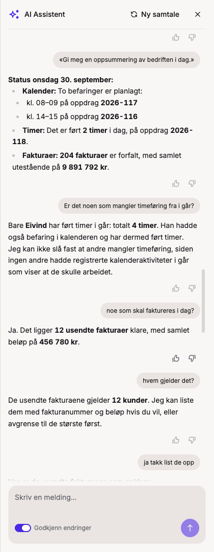 AI-assistenten i Drifti svarer på spørsmålet Gi meg en oppsummering av bedriften i dag med kalender, timer og fakturaer