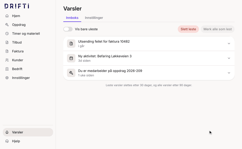 Varsler i Drifti: innboksen med varsler om utsending som feilet, ny aktivitet i kalenderen og oppdrag du er satt på