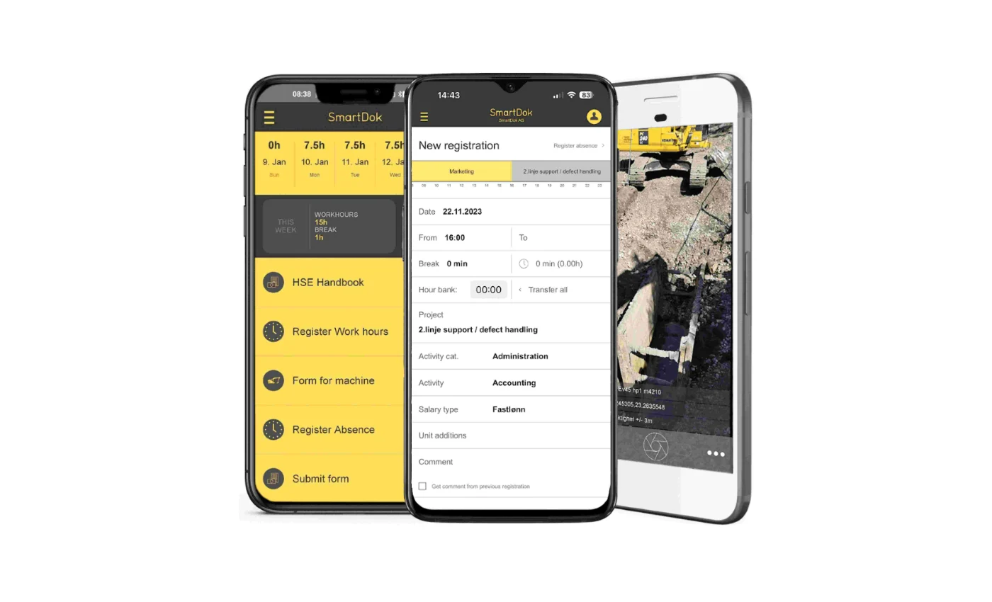 SmartDok-appen på tre mobiler, med meny og registreringsskjema