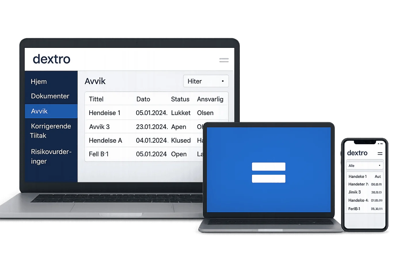 Dextro på PC, nettbrett og mobil, med avviksliste