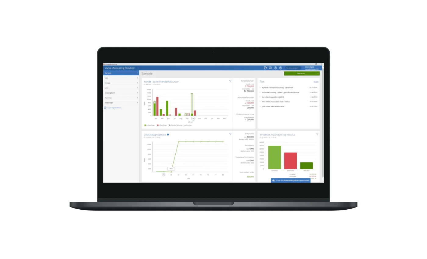Visma eAccounting startside med faktura- og likviditetsoversikt