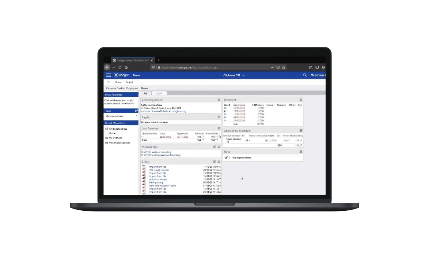Xledger i nettleseren, med startside for timer og utlegg