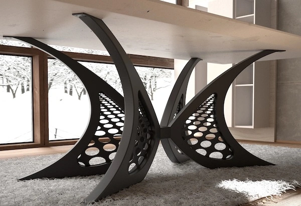 Custom mesh steel table base by RockVine — bespoke perforated dining table base