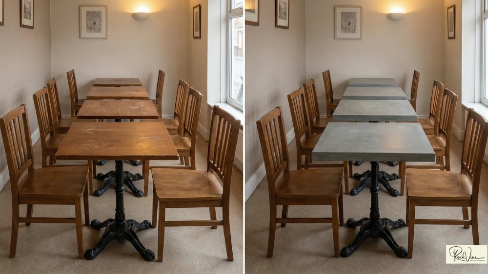 Before and after image of RockVine retrofit bistro project