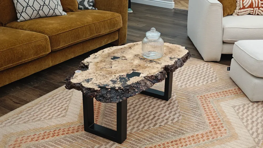 Rustic modern resin river table with live edges
