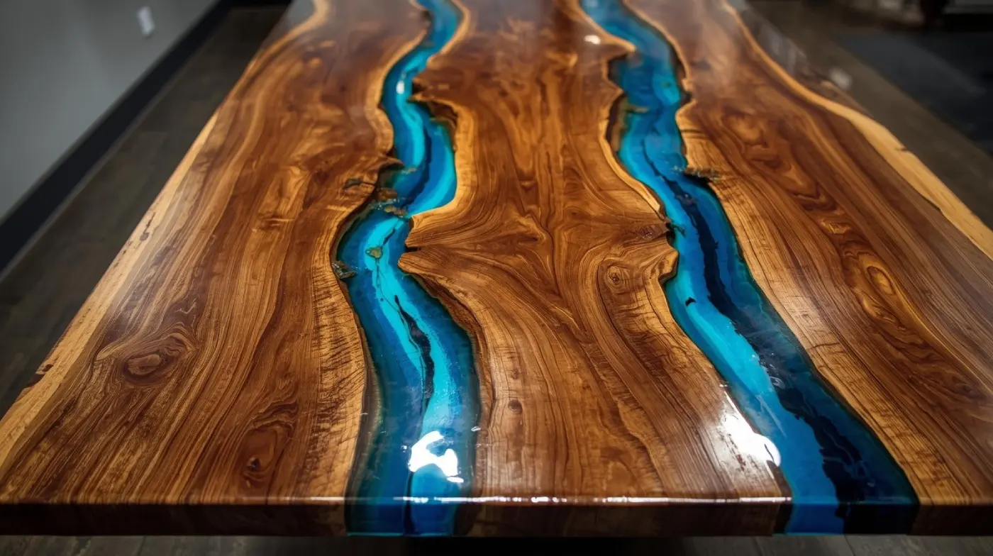 Natural edge resin river table with organic form
