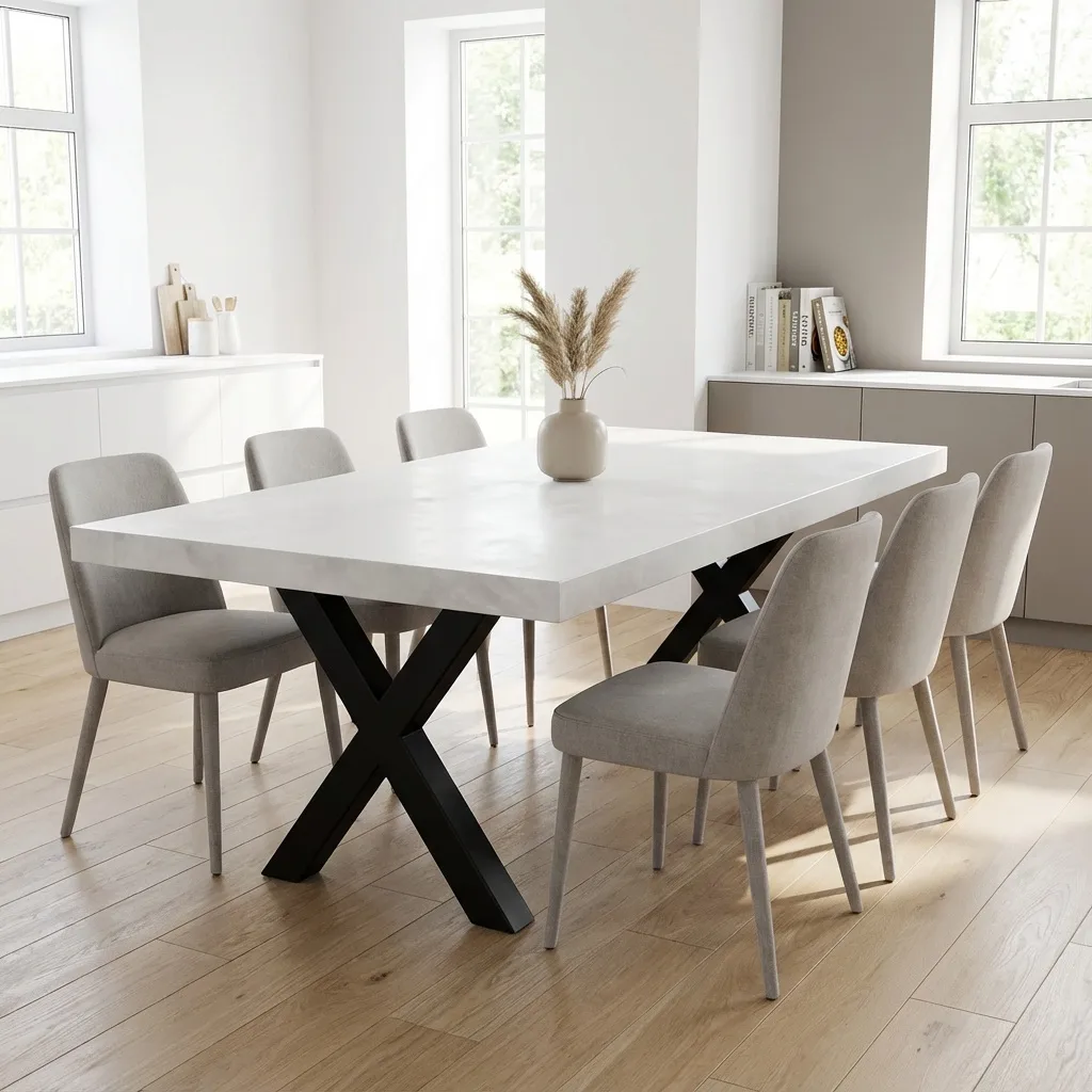 Premium white polished concrete dining table with full 75mm edge profile