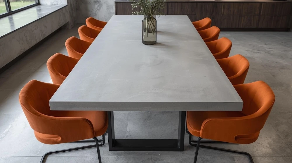 Slimline light grey polished concrete dining table