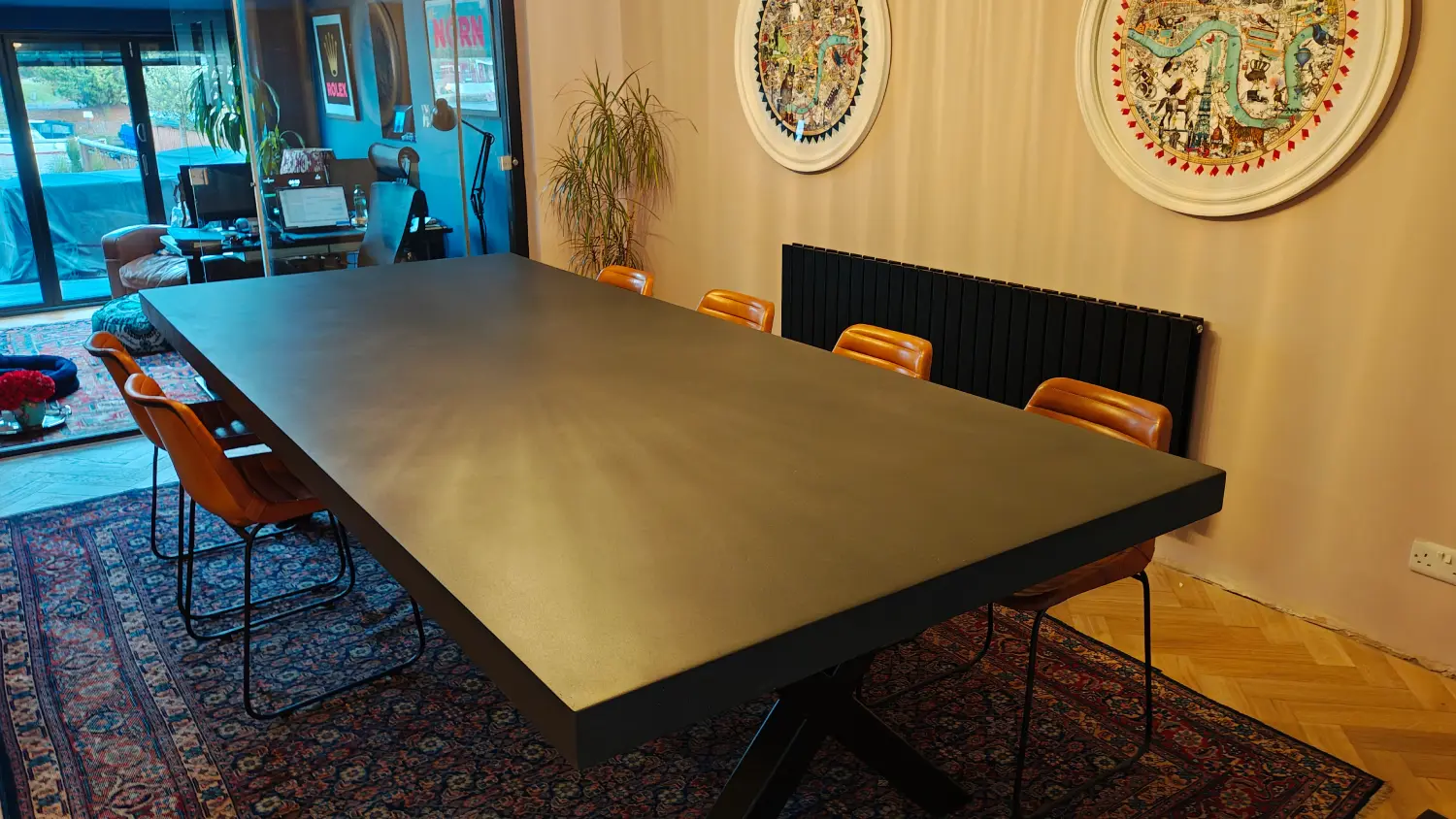 3m x 1.2m black polished concrete dining table with 75mm profile