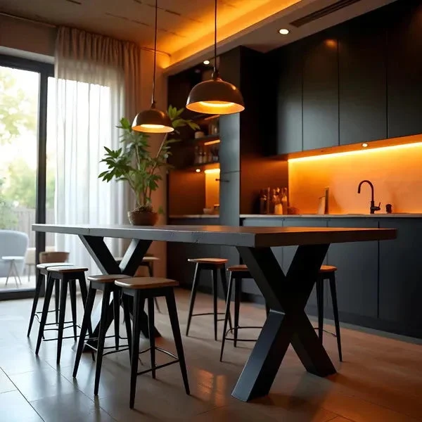 Custom height black breakfast table in 75mm profile on bespoke base