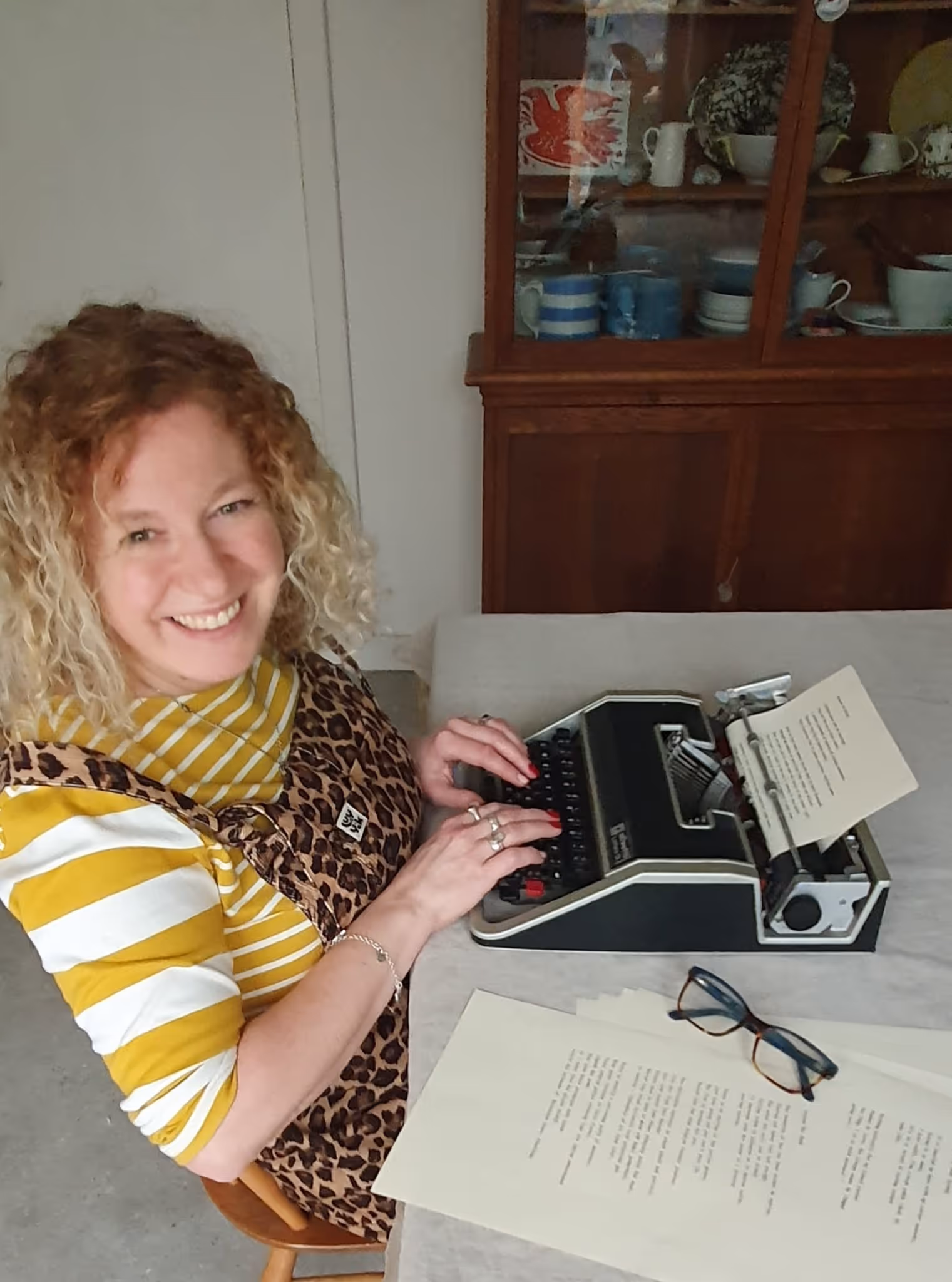 Barbara Gray at typewriter