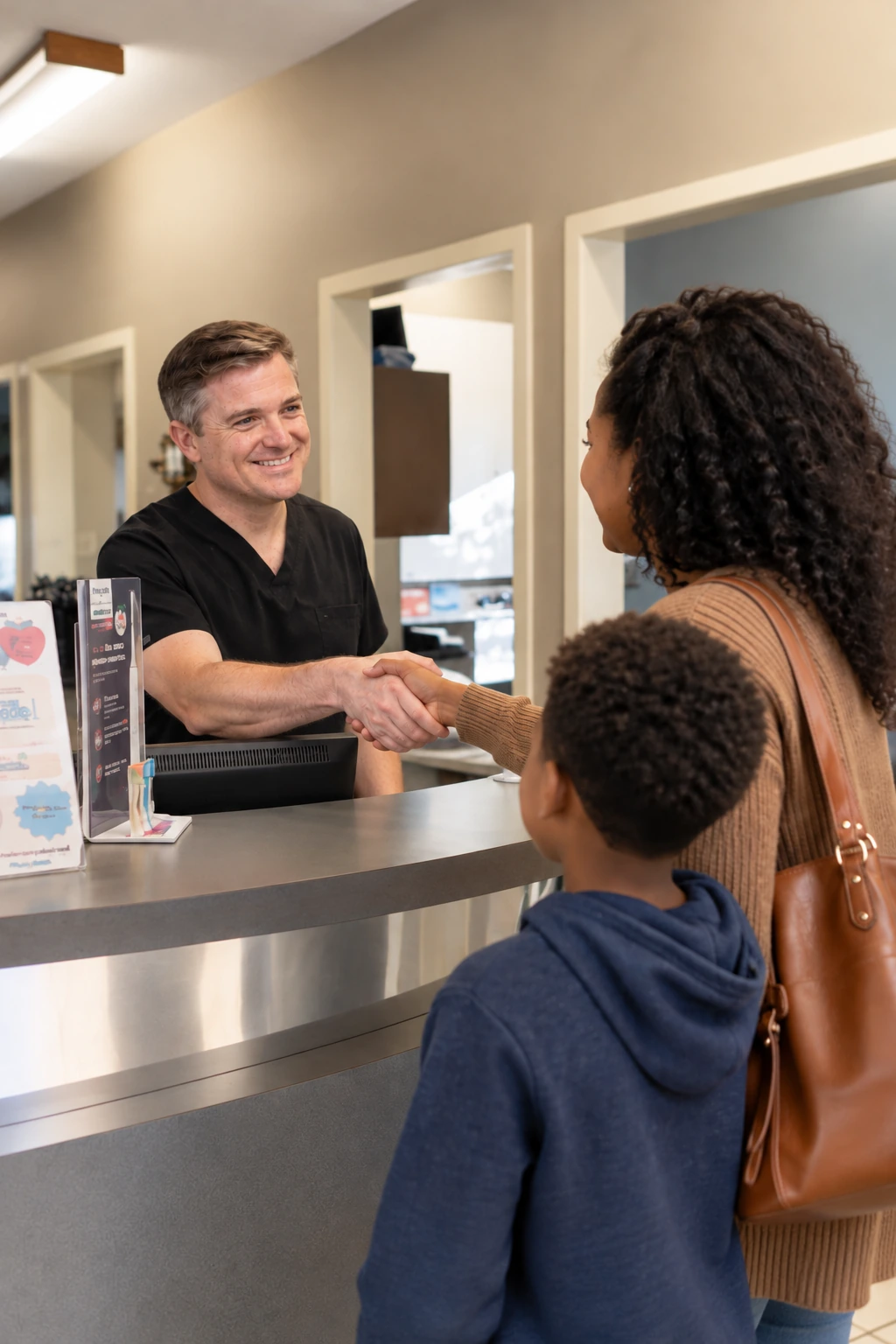 Dr. Schaar welcoming two patients to his office.