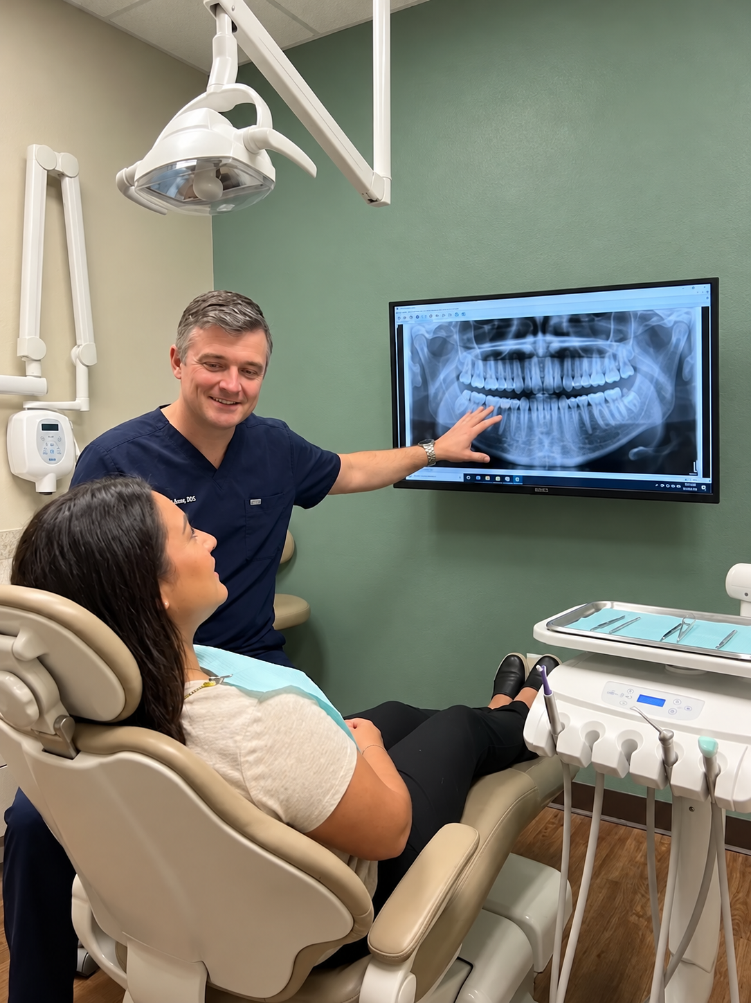 Dentist explaining a dental X-ray to a patient seated in a dental chair at Schaar Dental Wellness.