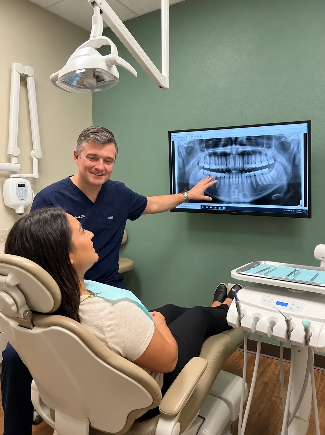 Dentist explaining a dental X-ray to a patient seated in a dental chair at Schaar Dental Wellness.