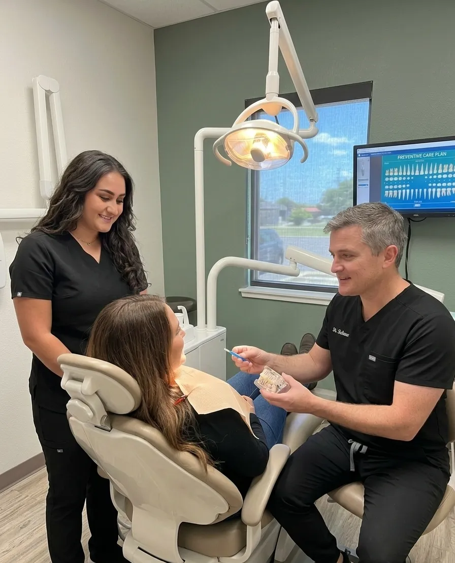 A dentist and staff talking to their patient.