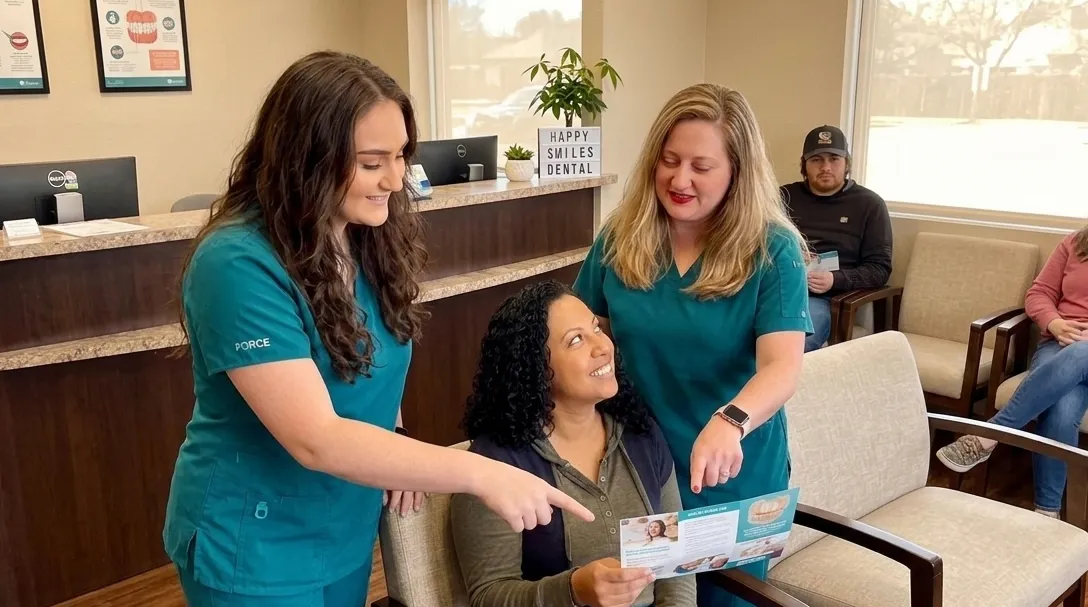 Two dental staff members in teal scrubs reviewing a dental information brochure with a smiling patient in the waiting area of a dental office.