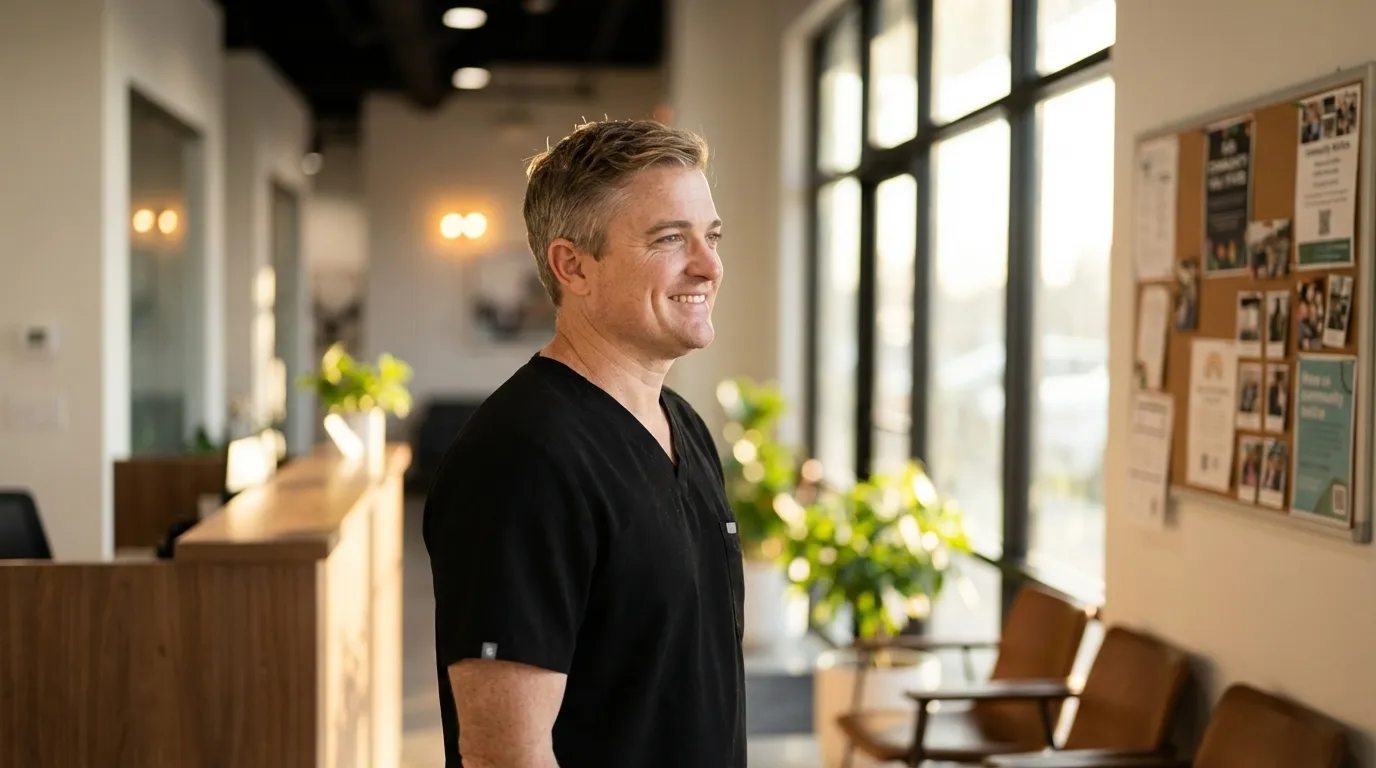 Smiling dental professional in black scrubs standing in a bright, plant-filled waiting room at Schaar Dental Wellness.
