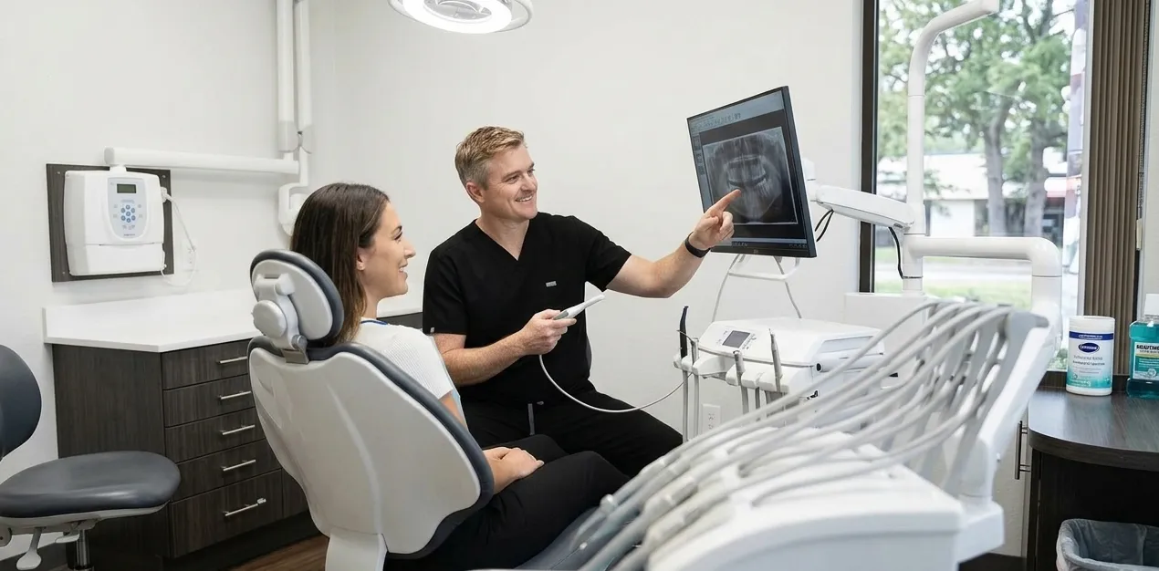 A Schaar Dental Wellness dentist using a monitor to walk a patient through their oral health information.