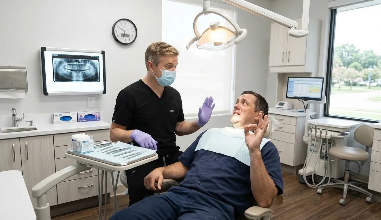 A dentist at Schaar Dental Wellness seated chairside with a patient in a comfortable, modern operatory.