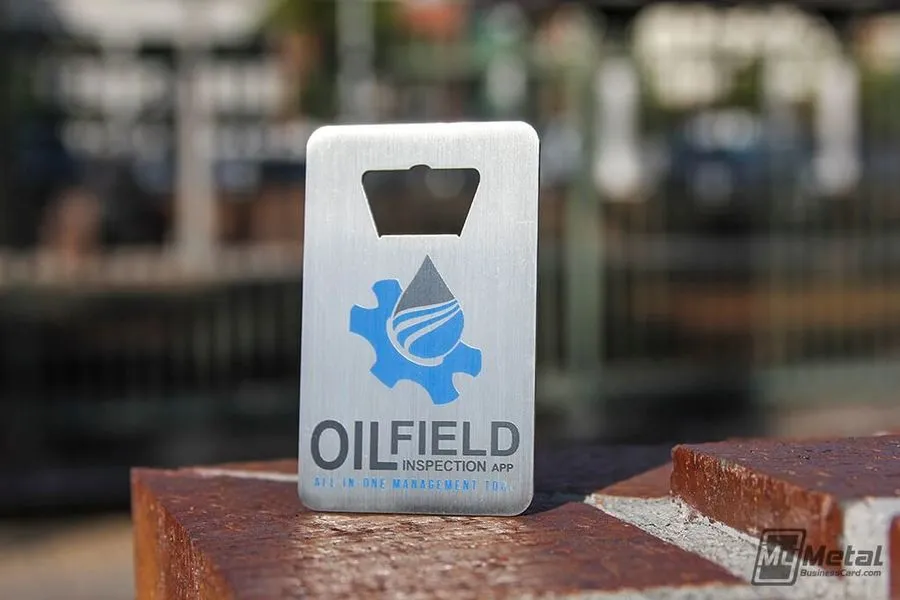 Bottle opener, a classic custom business cards with own logo and high shine gloss.