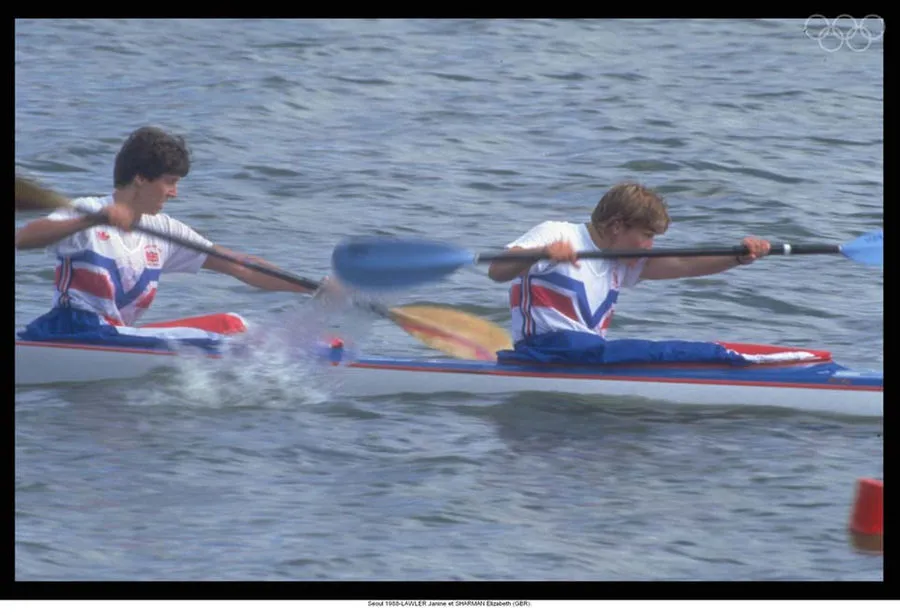 UK’s female canoeing team Janine Lawler and Elizabeth Sharman don the kit designed for the 1988’s Seul olympics.
