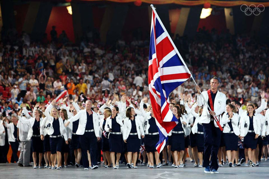Swimmer Mark Foster of Great Britain carries his nation’s flag during the Opening Ceremony for the 2008 Beijing games.