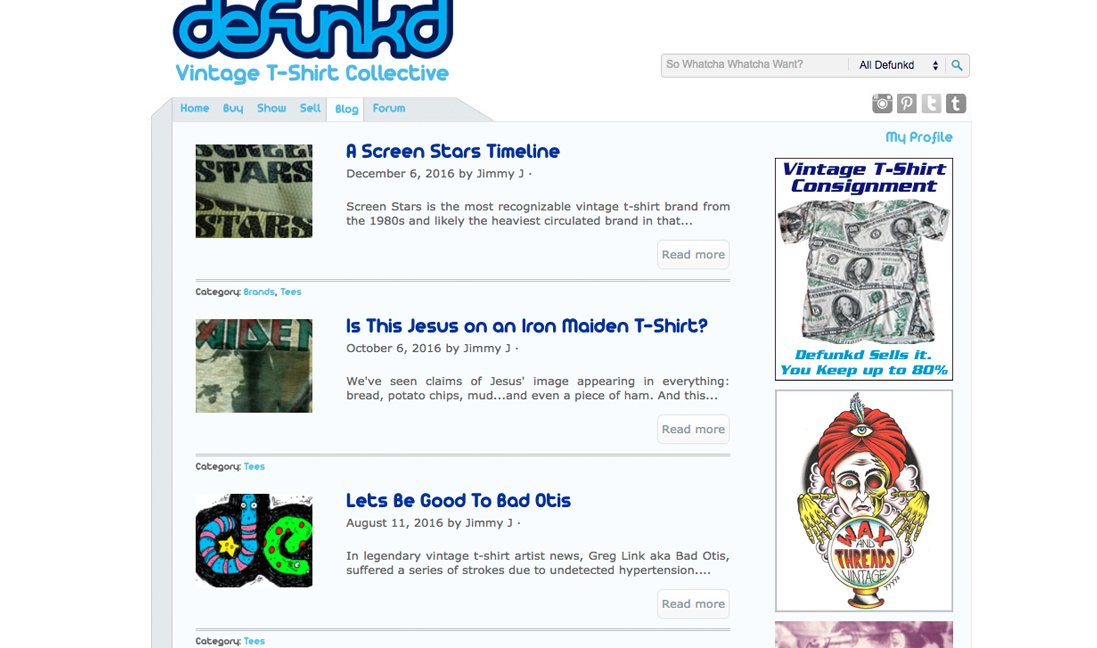 Vintage T-shirt blog with interesting culture articles providing advice on life based on history. Almost like e library.