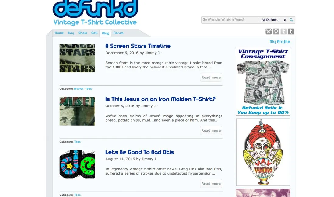 Vintage T-shirt blog with interesting culture articles providing advice on life based on history. Almost like e library.