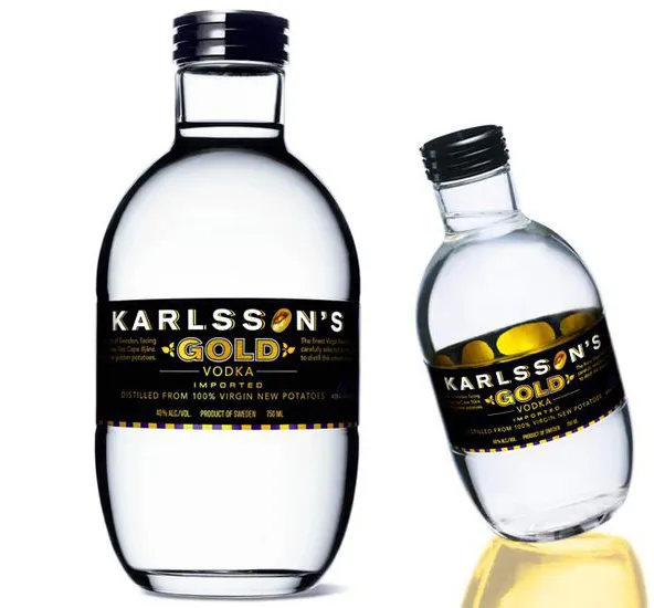 Karlsson's Gold vodka, 25 Amazing Bottle Packaging Design examples, packaging design, packaging design inspiration, design inspiration, cool bottles, vodka bottles, spirits bottles, gin bottle design, vodka bottle design, best bottle designs, product design, graphic design, t shirt printing UK, screen printing UK, screen printing onto bottles, how to create a cool bottle label, Printsome blog, russian bottle designs