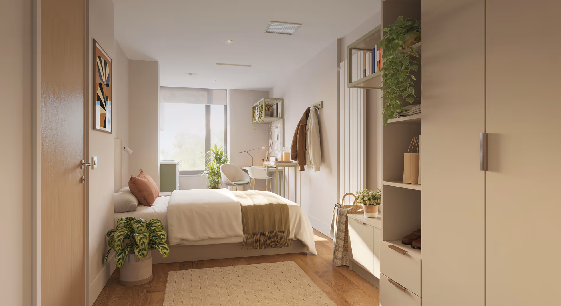 Sunlit modern bedroom with a neatly made bed, indoor plants, a desk with two chairs, and a wardrobe with shelves and hanging coats.