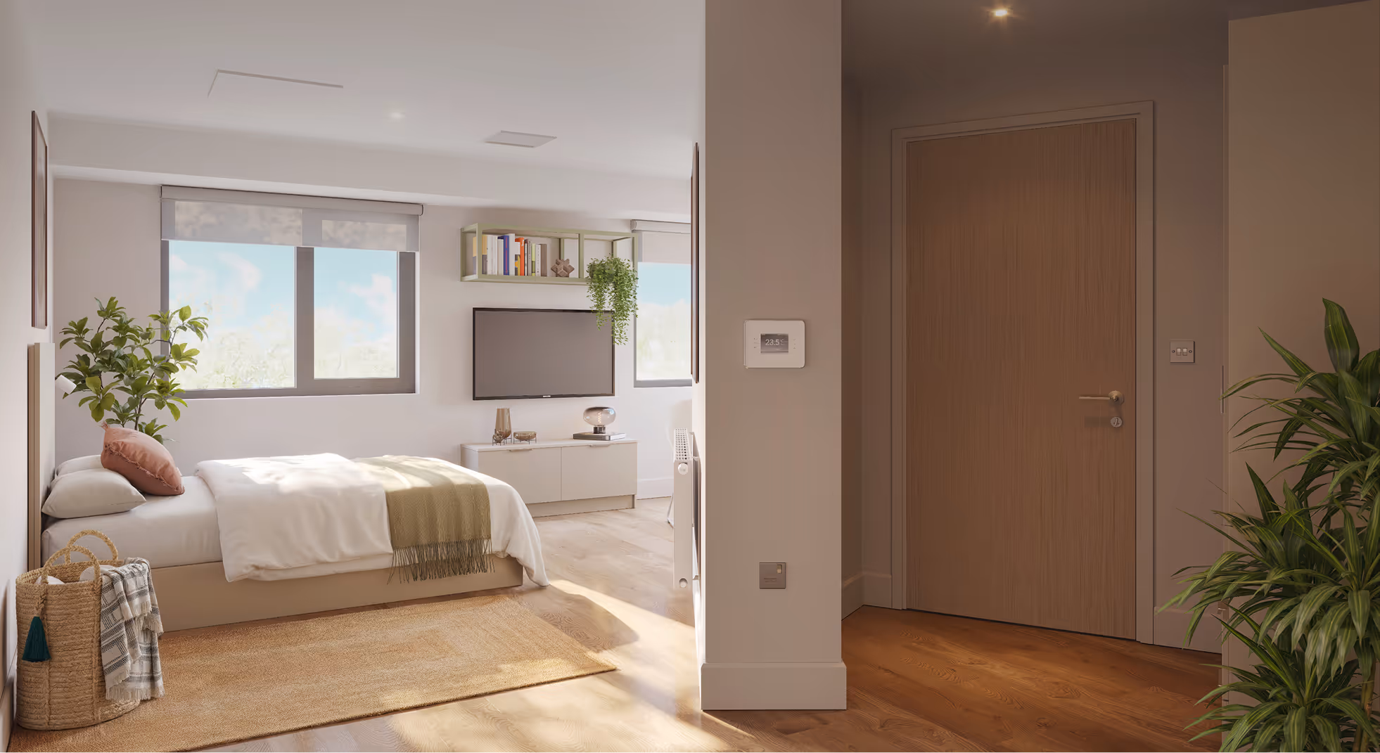 Bright bedroom with a neatly made bed, large windows, a wall-mounted TV, plants, wooden floor, and a closed wooden door.