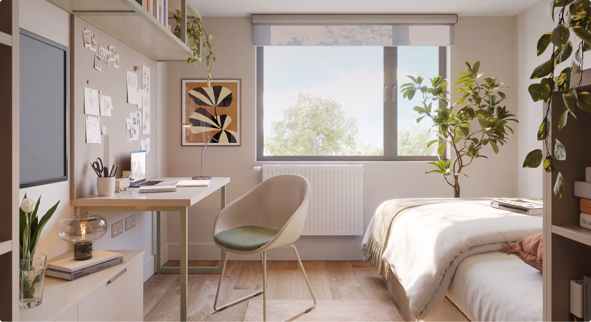 Bright bedroom with a white bed, green plant near the window, a desk with a chair, laptop, lamp, and pinned notes on a corkboard.