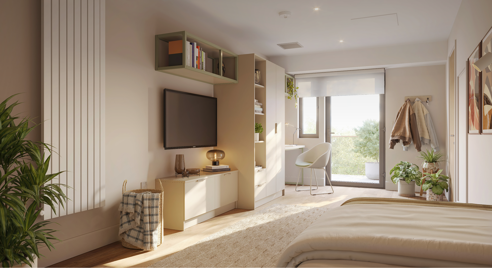 Bright modern bedroom with a mounted TV, built-in shelves and cabinets, desk by a glass door leading to a balcony, and plants around.