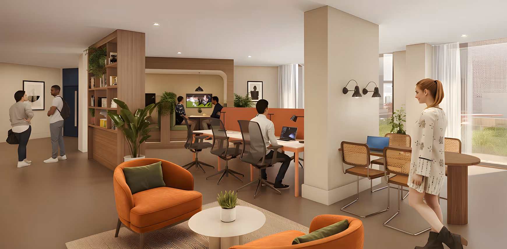 Modern communal workspace with people working at desks, a meeting nook with TV, and casual seating area with orange chairs and plants.