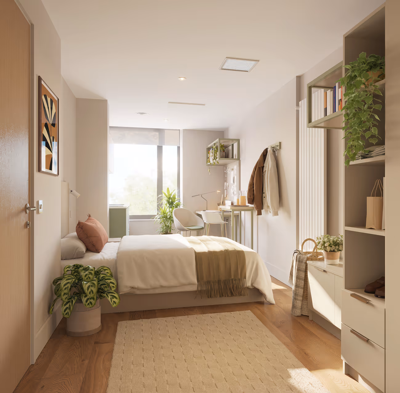 Bright, modern bedroom with a bed, desk, two chairs, plants, and shelving with books and decorations.