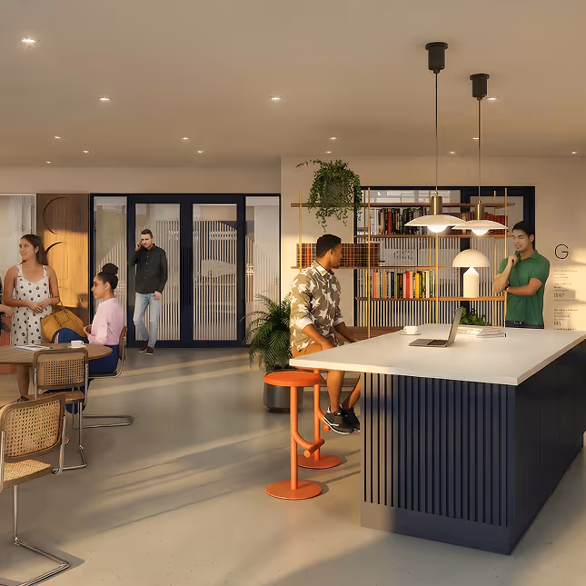 Modern coffee lounge with people sitting and standing, featuring a white countertop island, orange stools, bookshelves, and warm lighting.