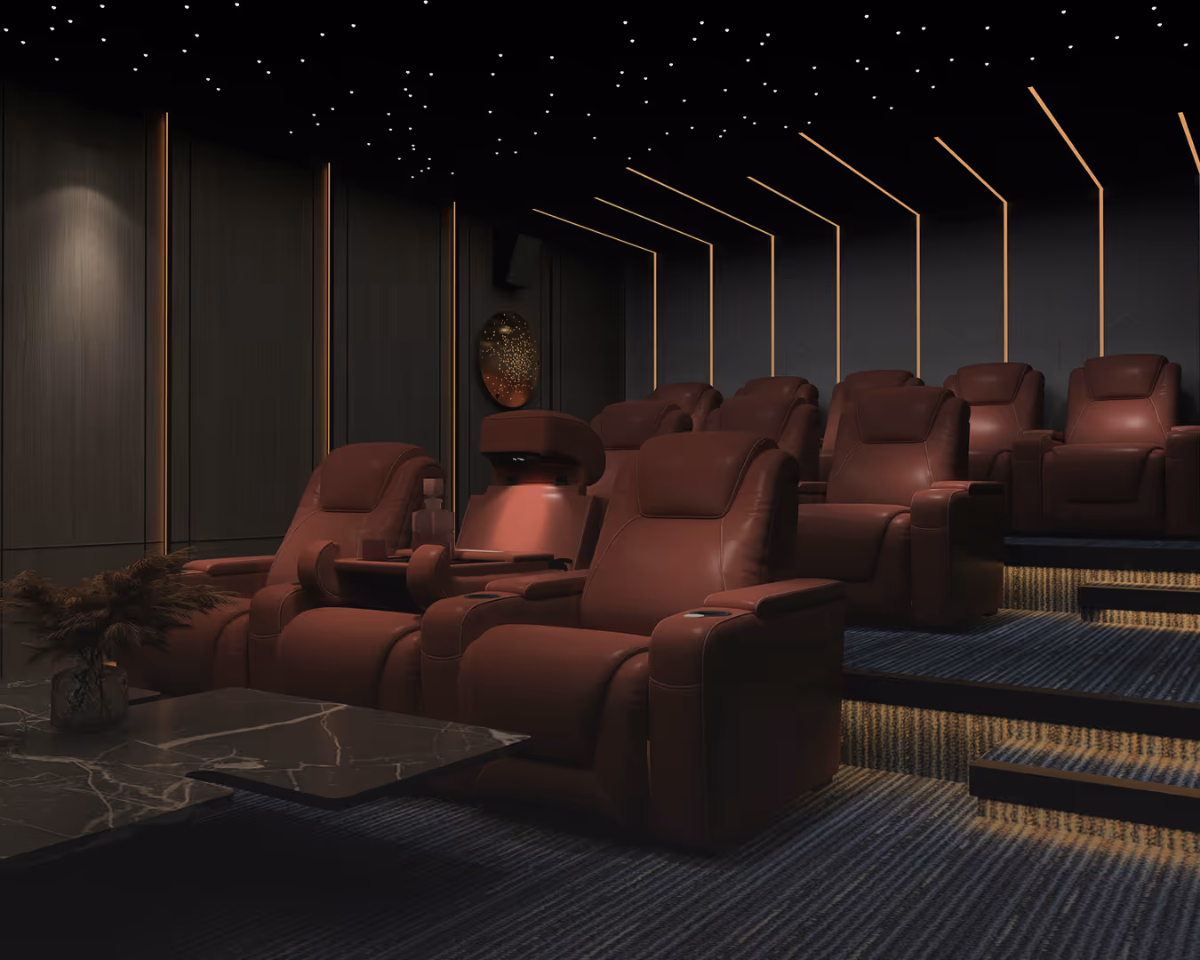 Modern home theater with brown leather recliners arranged in tiered rows under a starry ceiling and featuring warm accent lighting.