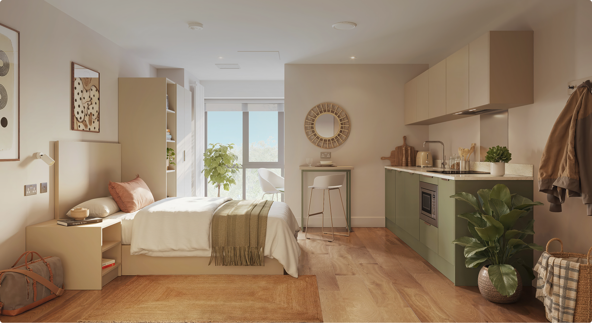 Modern studio apartment with a bed, small kitchen, plants, and soft natural light from a large window.