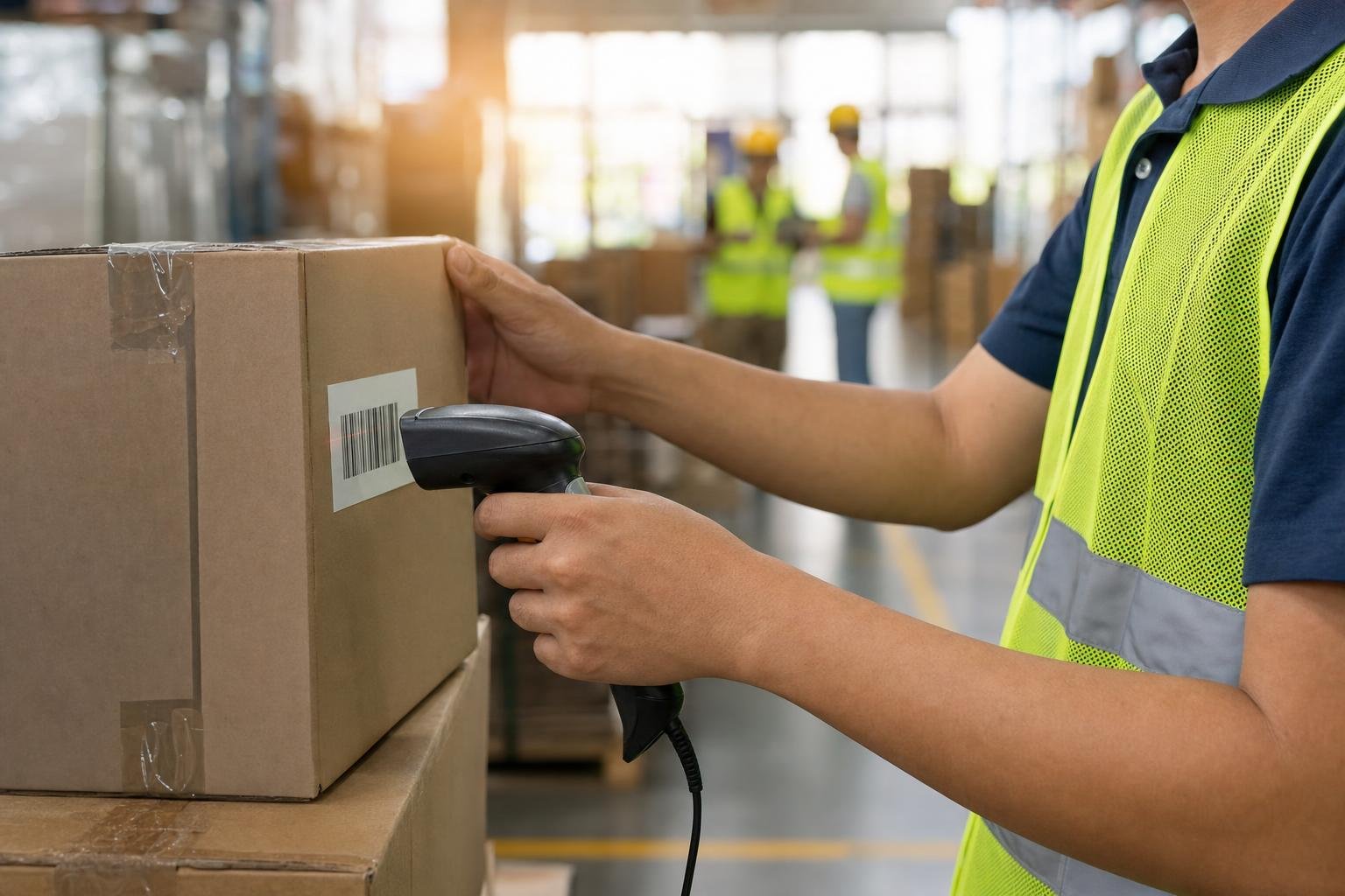 Scanning a barcode label on a carton to keep warehouse inventory records accurate