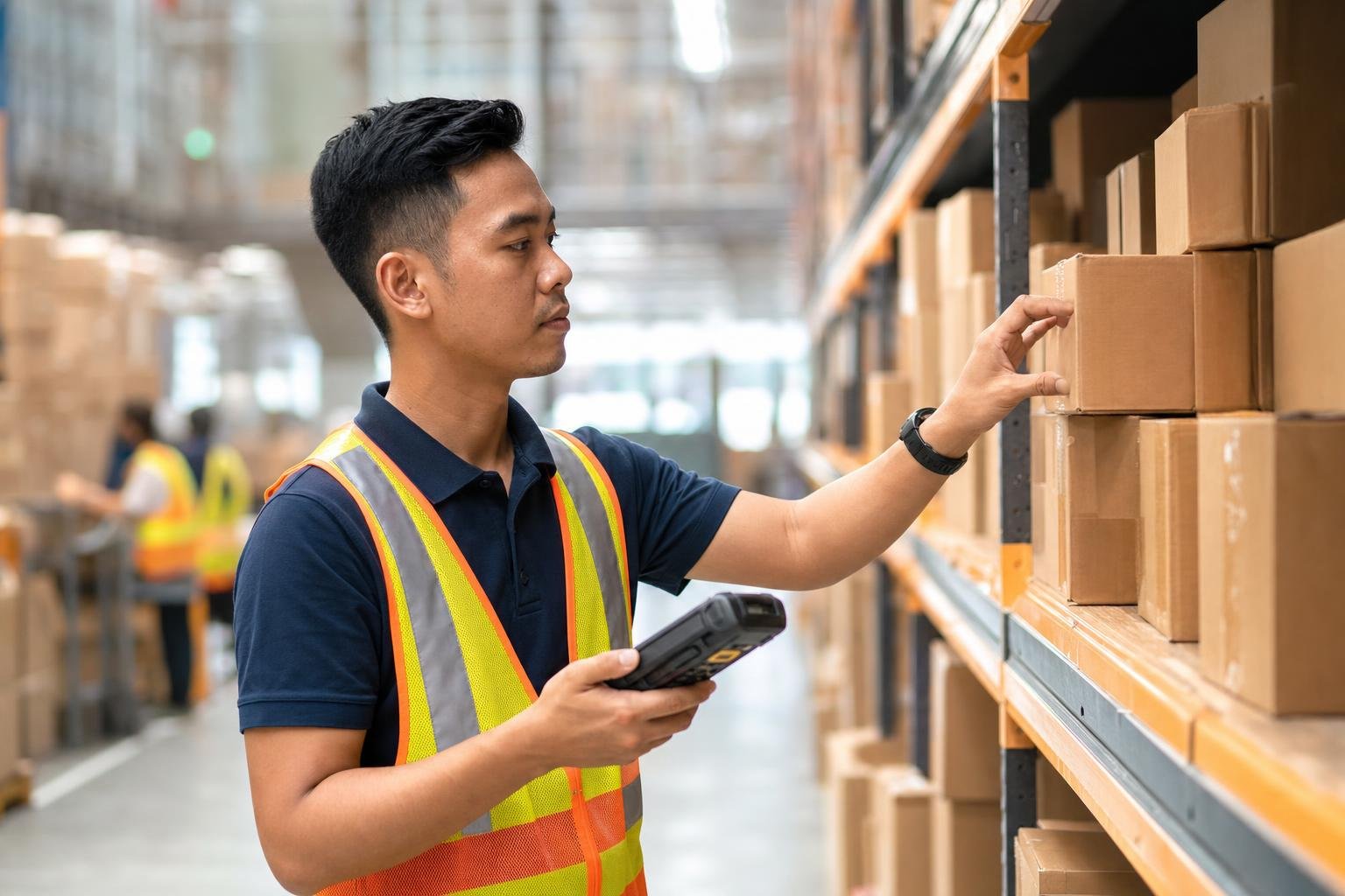 Warehouse operative picking cartons from a shelf with a handheld RF scanner