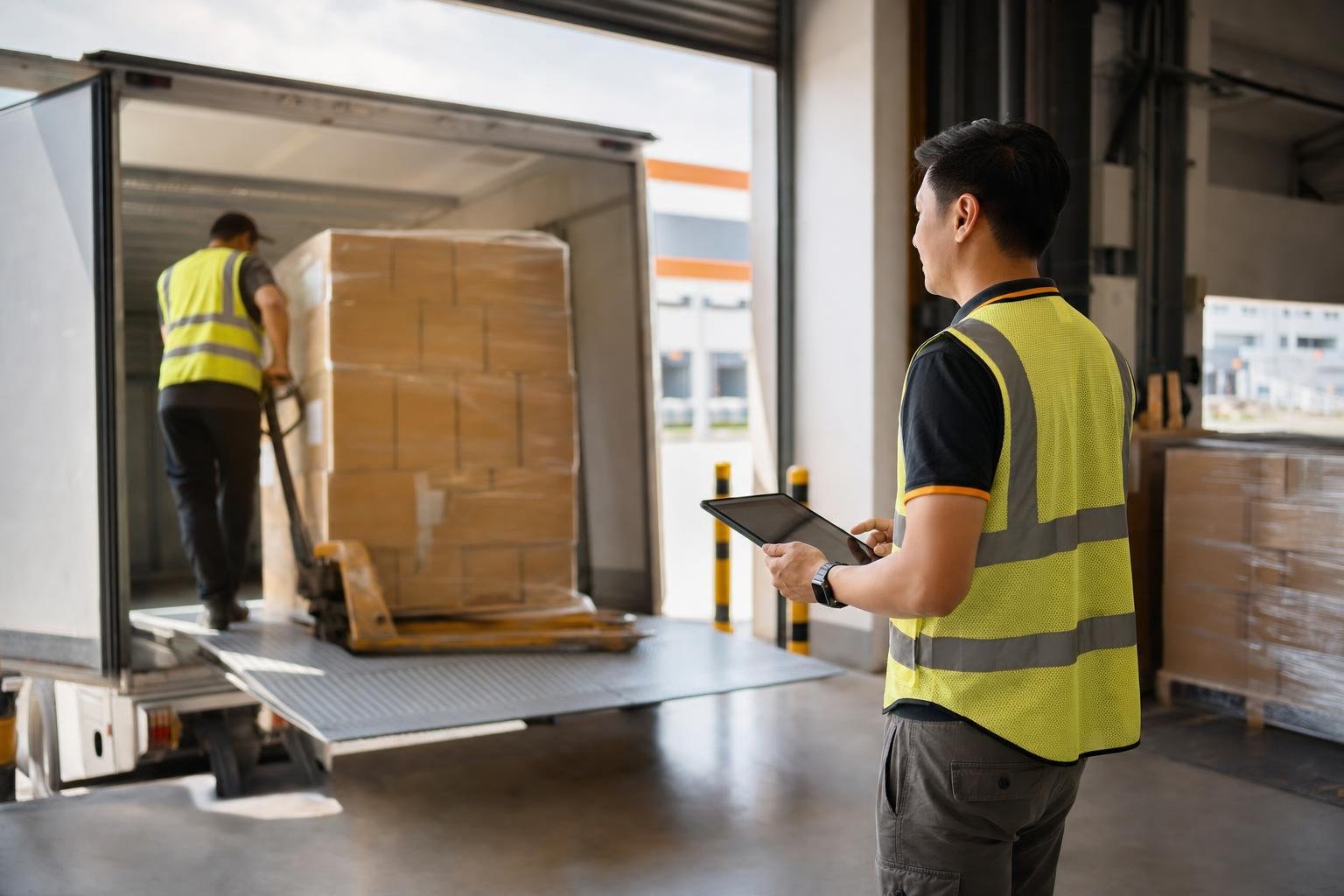 Checker verifying a pallet load on a tablet as cartons are loaded into a delivery lorry