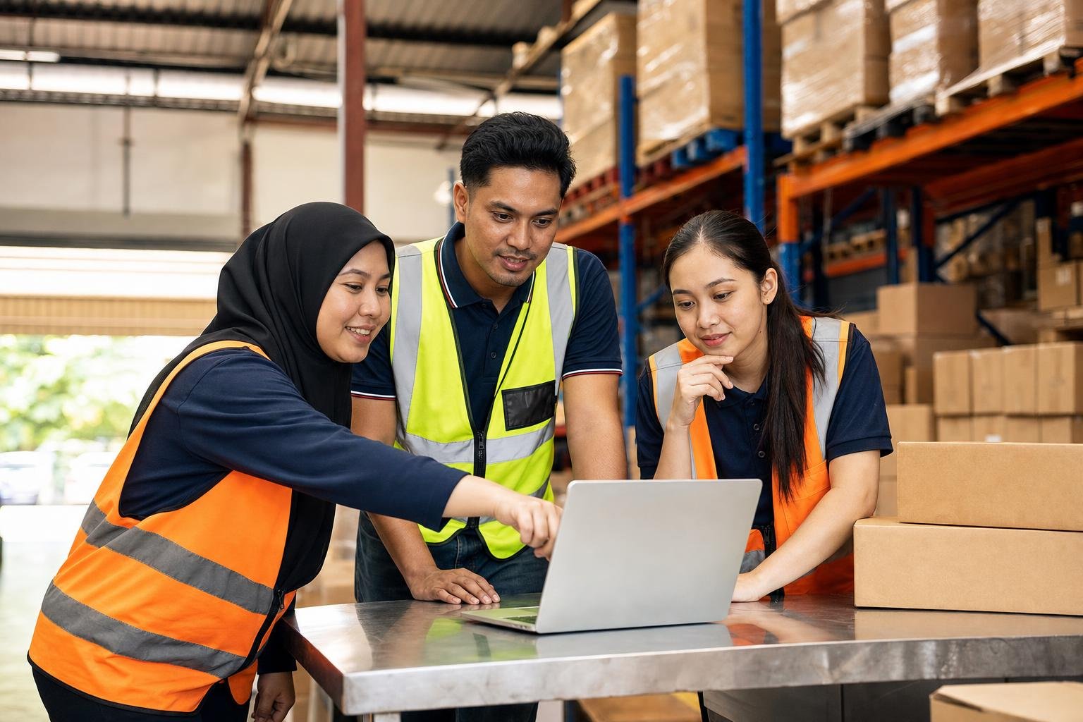 Warehouse team planning a WMS implementation around a laptop on the packing bench