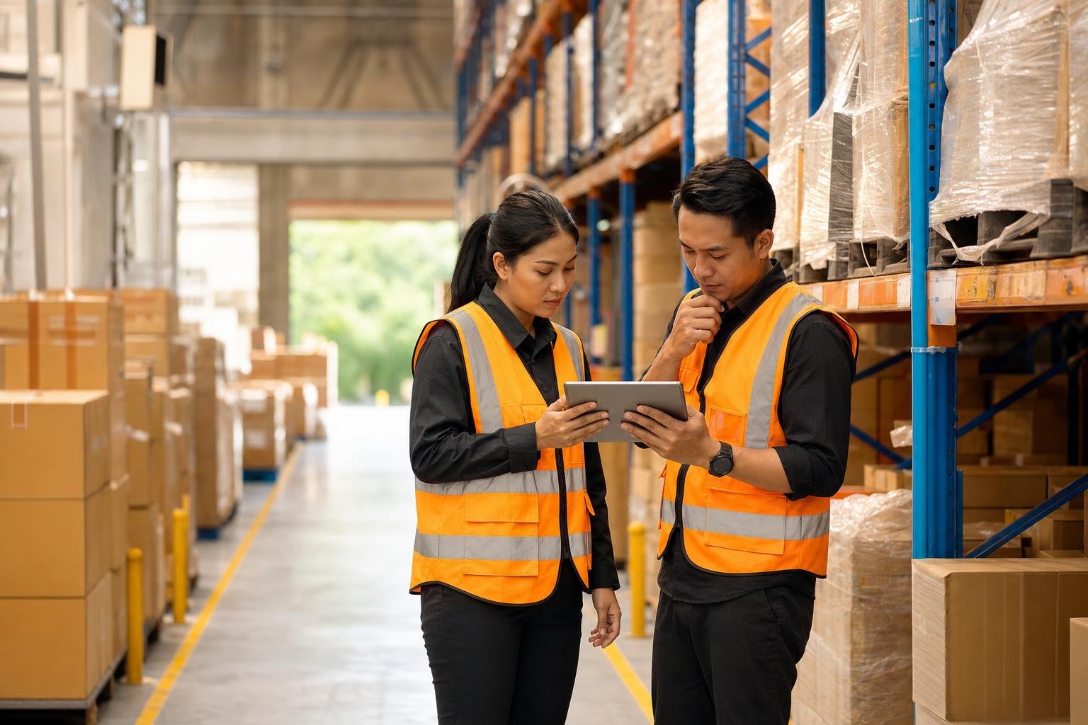Two warehouse supervisors comparing warehouse management system options on a tablet