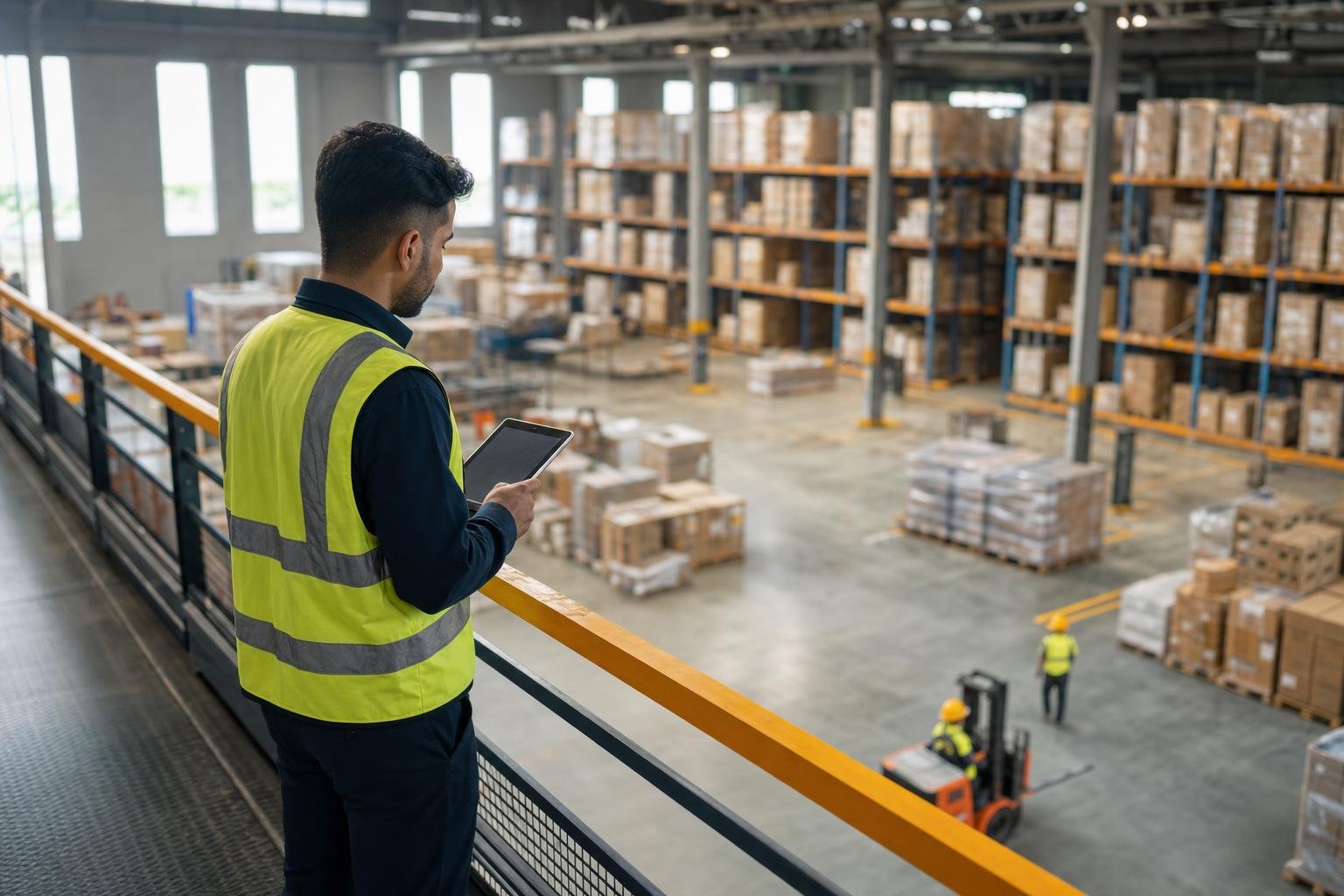 Warehouse manager reviewing WMS return on investment figures on a tablet above the warehouse floor