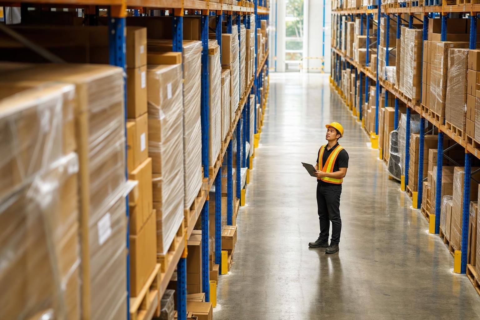 Organised pallet racking aisle in a Malaysian warehouse with a supervisor checking stock levels